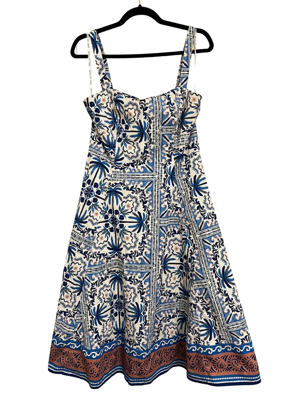 Avec Les Filles Blue, White and Brown Printed Midi Sundress